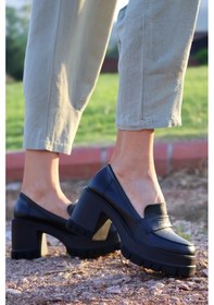 Resim Asmi Shoes Kadın Tokasız 8 Cm Loafer Model Topuklu Ayakkabı Siyah Cilt Siyah 