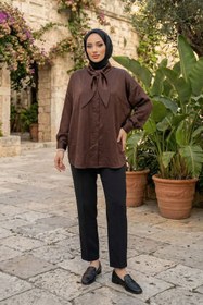 Resim adamila Kadın Kahve Fiyonk Detaylı Saten Oversize Tesettür Tunik Gömlek Uzun Kollu Şık Günlük Trend Tunik 