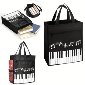 Resim Piano Tuşlu Tasarımıyla Müzik Temalı Siyah Oxford Bez Tote Çanta - Su Geçirmez, Dayanıklı, Alışveriş ve Hediyeler İçin İdeal, Hediye Çantası|Müzik Notu Deseni|Dayanıklı Tutma Çantası, Müzik Hediyeleri 
