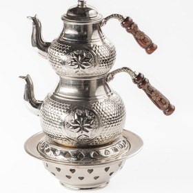 Resim Büyük Boy Gaziantep Bakır Çaydanlık Takımı Ve Balkon Sefası Takımı Kabartmalı Yıldız İşlemeli Gümüş 