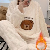Resim Kadınlar İçin Rahat Kışlık Peluş Pijama Takımı - Uzun Kollu Ayıcık Üst & Uygun Pantolon, Yumuşak Polyester Ev Giyimi, Soğuk Havalarda Sıcak & Rahat Uyku Giyimi, Sevimli Pijama Takımı 
