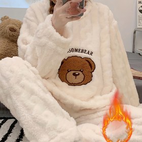 Resim Kadınlar İçin Rahat Kışlık Peluş Pijama Takımı - Uzun Kollu Ayıcık Üst & Uygun Pantolon, Yumuşak Polyester Ev Giyimi, Soğuk Havalarda Sıcak & Rahat Uyku Giyimi, Sevimli Pijama Takımı 