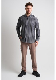 Resim Alexandergardı Çizgili Uzun Kollu Erkek Keten Gömlek Eg-1866 Siyah - Gri 