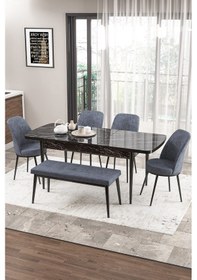 Resim Canisa Zen Serisi 80x132 Mdf Açılabilir Siyah Mermer Desen Masa Takımı 4 Füme Sandalye Ve 1 Bench Masa Siyah Mermer Desen Sandalye Füme 