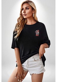 Resim Kırmızı Gözlük Papyon Dinazor Siyah Oversize Unisex Ön Sol Yan Minimal Baskılı Tişört Koyu Siyah 