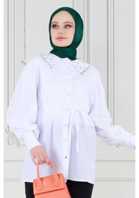 Resim Sevitli Yakası Taş Çakım Tunik-beyaz-3646-beyaz Beyaz 