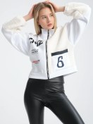 Resim Kadın Oversize Peluş Ve Üç İplik Polar Hırka Baskılı Motorcu Montu Yarışçı Ceket Bomber Kolej Mont Beyaz 