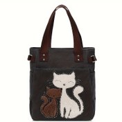Resim Sevimli Kedi Tote Çantası, Kadınlar İçin Polyester Astarlı ve Fermuarlı Basit Moda Omuz Çantası 