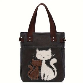 Resim Sevimli Kedi Tote Çantası, Kadınlar İçin Polyester Astarlı ve Fermuarlı Basit Moda Omuz Çantası 