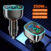 Resim 250W Süper Hızlı Araba Şarj Cihazı, 5A PD USB, Şeffaf Tasarım - Arabalar & Kamyonlar İçin Uygun, Gerçek Zamanlı Voltaj Göstergesi 