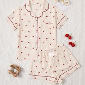 Resim Kiraz Çiçeği Baskılı ve Kabarcık Desenli Kısa Kollu Şortlu Bubble Wrinkle Kadın Pijama Takımı 