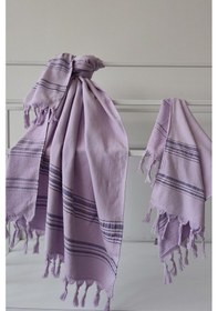 Resim Peştemal Saç Havlusu Takımı-%100 Pamuk Hafif Plaj Havlusu Seti Lila 