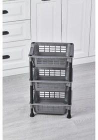 Resim 3 Katlı Plastik Sebzelik Patates Soğanlık Mutfak Düzenleyici Saklama Rafı, Sebze Meyve Organizer Gri 