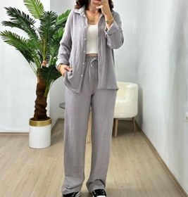 Resim Kadın Dokulu Alt Üst Gömlek Takım - S504470 Gri 