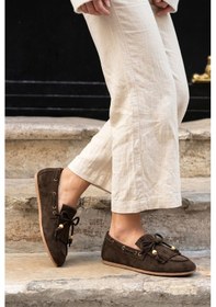 Resim Giamgia Store Püsküllü Boncuk Detaylı Kahverengi Süet Makosen Loafer Ayakkabı-2415 