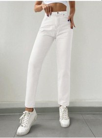 Resim Kadın Mom Fit Jeans Kot Pantolon Beyaz Beyaz 