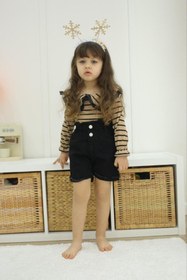Resim Asortik Kids Kız Çocuk Çizgili Uzun Kollu Bluz + Kot Şort 2'li Set-K018-JLB-078 