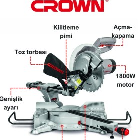 Resim Crown Sürgülü Gönye Kesme Makinesi 1800W 255mm CT15233P | Bakır Sargılı Portatif Radyal Kesme Makinası 