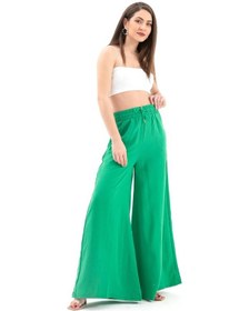 Resim Geniş Kemerli Bol Paça Düz Keten Kadın Pantolon - Yeşil-yeşil Yeşil 