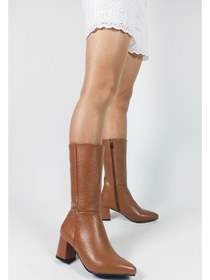 Resim Hakiki Deri Taba Sivri Burun Kalın Topuk Diz Altı Kadın Çizme 001 