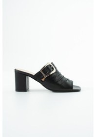 Resim Dericia Shoes Legacy Hakiki Deri Kadın Kalın Topuklu Piliseli Terlik Siyah 