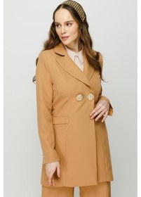 Resim Esswaap Altın Rengi İri Düğme Detaylı Pantolon Ceket Takım Camel Kahverengi 