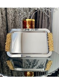 Resim Atabey Home Collection 1 Adet Tekli Kahve & Çay & Sunum Dikdörtgen Büyük Sunum Tepsisi Çelik Gül Model Gold 30 Cm 