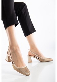 Resim Dilimler Ayakkabı Kadın Kısa Topuklu Abiye Ayakkabı Ten Taş Döşeme Yuvarlak Burun-3798 Ten Rengi 