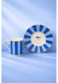 Resim 2 Kişilik Porselen Yaldızlı Lovely Birds Özel Tasarım Kuşlu Kahve Fincan Takımı Seti 90ml Açık Mavi 