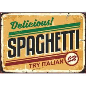 Resim Delicious Spaghetti Retro Ahşap Tablo - İtalyan Makarna Reklam Afişi Tasarımı 