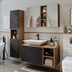 Resim Lavabolu Banyo Dolabı 3lü Set - Lotus - 95 CM / Atlas Çam-Antrasit 