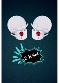 Resim Sevgililer Günü Kalpli Baskılı 2 Li Set Kaşıklı Porselen Çay Kahve Fincan Seti-4 Beyaz 