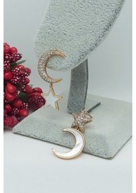 Resim Rose Altın Kaplama Vip Seri Sedefli Ay Yıldız Küpe 2,4 cm Rose Gold 