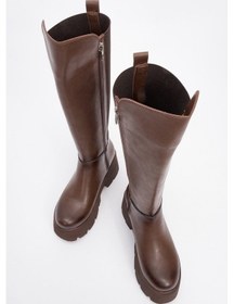 Resim Luvi Shoes Solo Kahve Cilt Lastikli Kadın Platform Topuklu Çizme Kahverengi 