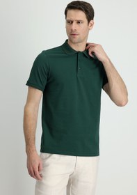 Resim Koyu Yeşil Polo Yaka Slim Fit Dar Kesim Nakışlı Pamuk Tişört 
