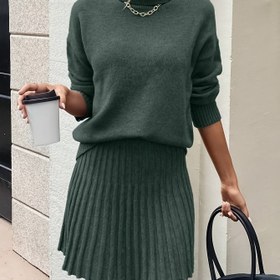 Resim Sonbahar ve Kış Yeni Moda Şık Basit Çok Yönlü Kadın Yüksek Yakalı Uzun Kollu Kazak ve Etek Takımı İki Parça Kıyafet 