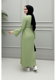 Resim Defymoda Kadın Açık Yeşil Ribanalı / Fitilli Uzun Tesettürlü Kışlık Elbise - Çan Kol Detaylı Astarlı/örme Yeşil 