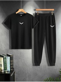 Resim DUBU BUTİK Kanat T-shirt Eşofman Alt Jogger-siyah Baskı Alt Üst Eşofman Takım Oversize Bisiklet Yaka 