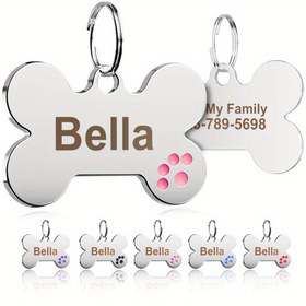 Resim Kişiye Özel Kazınmış Kemik Şeklinde Köpek Etiketi - Pati Baskılı Kişiselleştirilmiş Evcil Hayvan Kimlik Kartı, Dayanıklı Metal Kaydırma Yaka İsim Etiketi, Köpek & Kedi Sahipleri İçin Noel Hediyesi, Parlak Bitişli 
