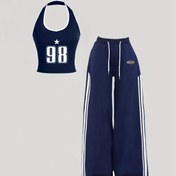 Resim 2 Parça Y2K Moda Kadın İnce Kesim Crop Top ve Geniş Paça Pantolon Takımı Yan Çizgili PB-885 
