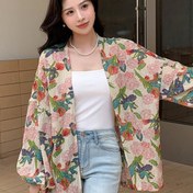 Resim Şık Çiçek Baskılı Uzun Kollu Bluz - Hafif Polyester, Önü Açık, Pembe ve Yeşil Çiçekli Tasarım, İlkbahar/Yaz/Sonbahar İçin Mükemmel, Kadın Modası, Günlük Giyim Gömleği | Cesur Desenli Gömlek | Parlak Dokulu 