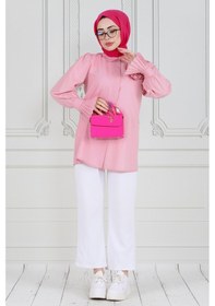 Resim Sevitli Gül Broşlu Kolu Fırfırlı Tunik-pembe-3610-pembe Pembe 