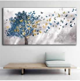 Resim Mavi Sarı Kelebekli Ağaç Kanvas Tablo 