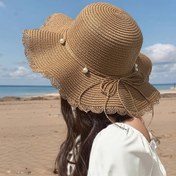Resim 1 adet kadın evrensel haki fiyonk tasarımlı retro moda dalgalı saman şapka, tatlı ve sevimli, yaz seyahati, plaj tatili, günlük giyim için uygun 