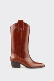 Resim Elle Taba Deri Kadın Western Çizme 