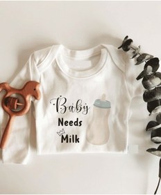 Resim İmaj Tuğbababy Baby Needs Milk Uzun Kol Çıtçıtlı Organik Bebek Body Beyaz 