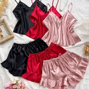 Resim 6 adet Seti Şık ve Seksi V-Yaka Kolsuz Üst ve Ruffled Şortlar Faux Silky Malzemeden Yapılmıştır, Tüm Mevsimler İçin Rahat ve Şık Giyim İçin Mükemmel. 