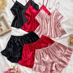 Resim 6 adet Seti Şık ve Seksi V-Yaka Kolsuz Üst ve Ruffled Şortlar Faux Silky Malzemeden Yapılmıştır, Tüm Mevsimler İçin Rahat ve Şık Giyim İçin Mükemmel. 