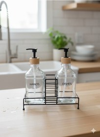 Resim Makri Home Stantlı Bambu Kapaklı İkili Cam Sıvı Sabunluk & Deterjanlık Seti 2 500 Ml, 22,5 8,5 24 Cm Şeffaf 