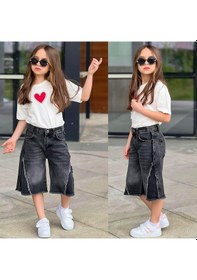 Resim Ay Kids Kız Çocuk Kalp Baskılı Oversize Tişört & Bol Paça Jean Kapri Kombin Takım 2689s Siyah 